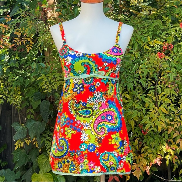 1970s Lemon Frog Bark Cloth Tankini Swim Set - Picture 11 of 11
